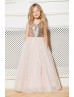 Rose Gold Sequin Blush Pink Tulle Classic Long Flower Girl Dress